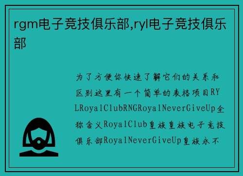 rgm电子竞技俱乐部,ryl电子竞技俱乐部